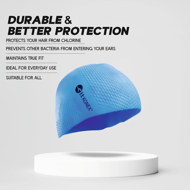 KONEX Bubble Designed Waterproof Silicone Premium Swimming Cap for Men & Women | Stretchable & Quick-Dry | Prevents Hair Pull & Chemical Damage | Ideal for Children & Adults (Blue) - Image 3