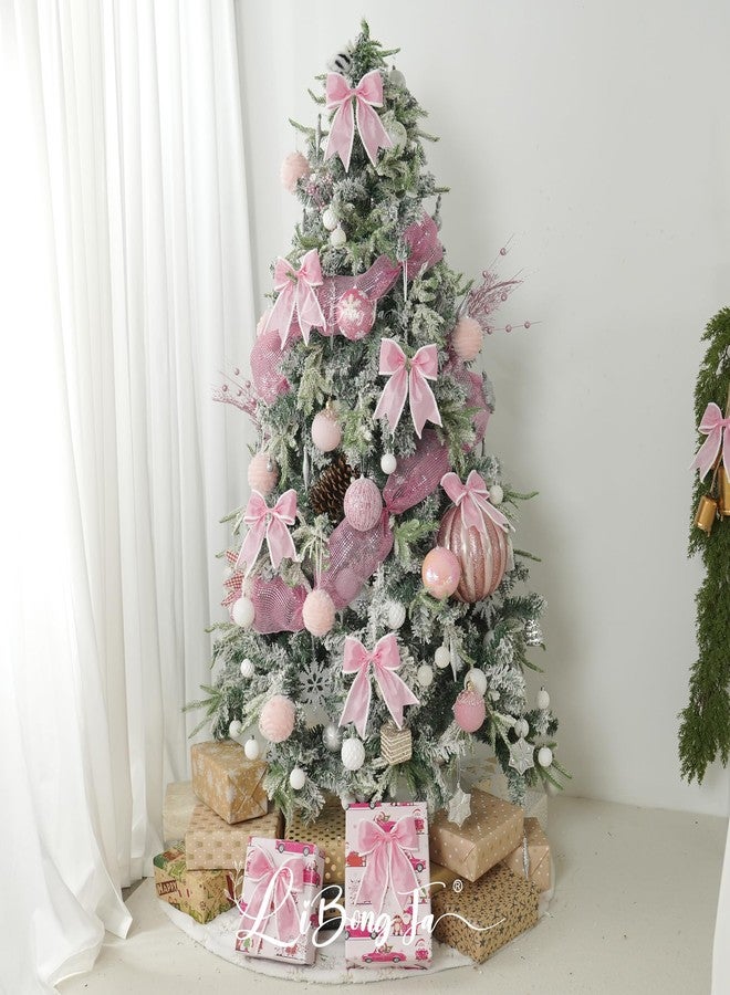 LiBongTa 6" Pink Bow Decor Wired Glitter Ribbon Bow with White Furry Ball, Premade Bows with Twist Ties, Gift Bows for Presents, Treat Bags, Wreath, Xmas Tree, Pink Christmas Wrapping Bows-12 PCs - Image 4