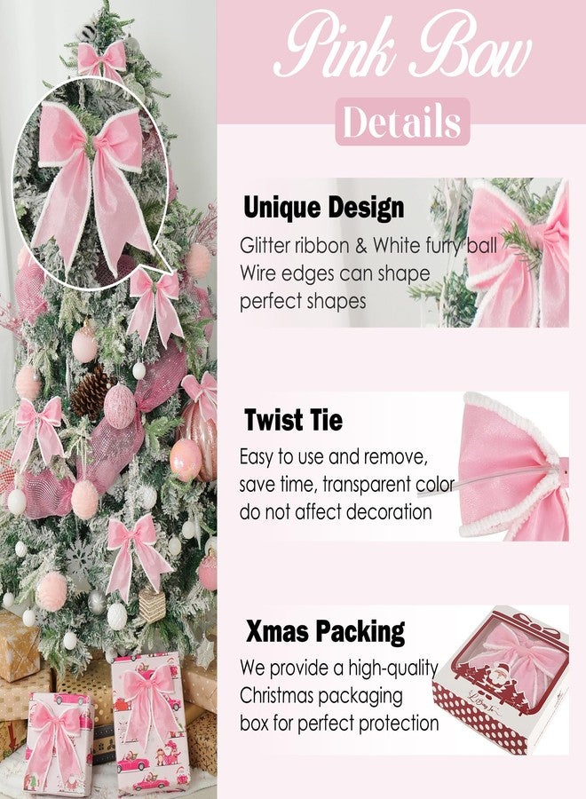 LiBongTa 6" Pink Bow Decor Wired Glitter Ribbon Bow with White Furry Ball, Premade Bows with Twist Ties, Gift Bows for Presents, Treat Bags, Wreath, Xmas Tree, Pink Christmas Wrapping Bows-12 PCs - Image 3