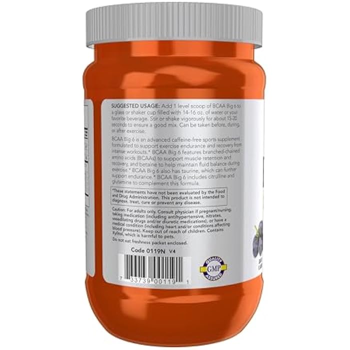 now Sports Nutrition, BCAA (Branched Chain Amino Acids) Big 6, Grape Flavor, 600 Grams - Image 3