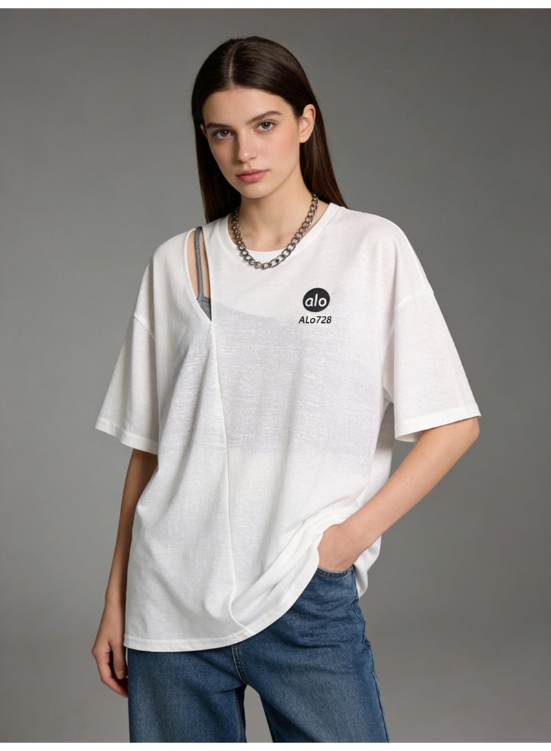 ALo728 White Oversized Cut-Out T-Shirt - Sheer Layered Design Short-Sleeve Tee with Brand Logo for Casual Streetwear - Image 1