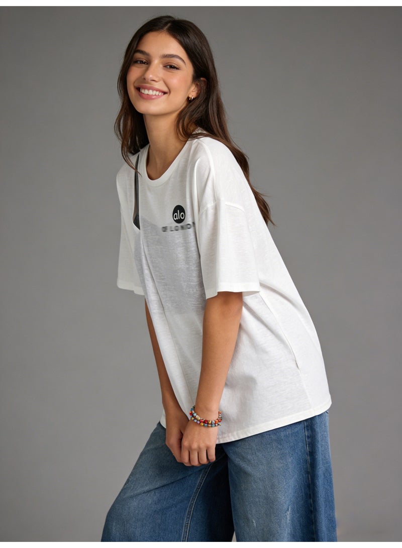 ALo728 White Oversized Cut-Out T-Shirt - Sheer Layered Design Short-Sleeve Tee with Brand Logo for Casual Streetwear - Image 3