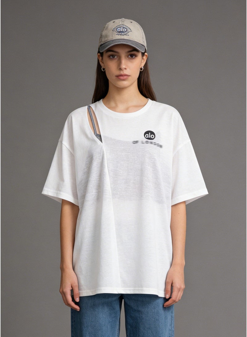 ALo728 White Oversized Cut-Out T-Shirt - Sheer Layered Design Short-Sleeve Tee with Brand Logo for Casual Streetwear - Image 2