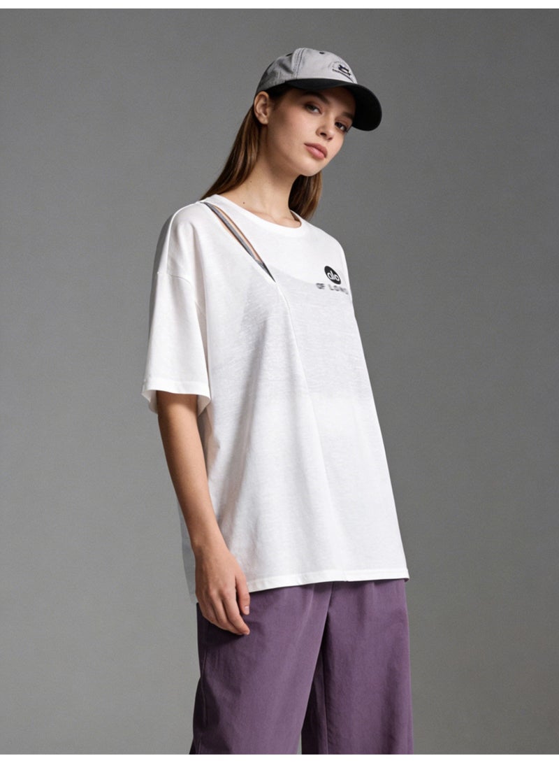ALo728 White Oversized Cut-Out T-Shirt - Sheer Layered Design Short-Sleeve Tee with Brand Logo for Casual Streetwear - Image 5