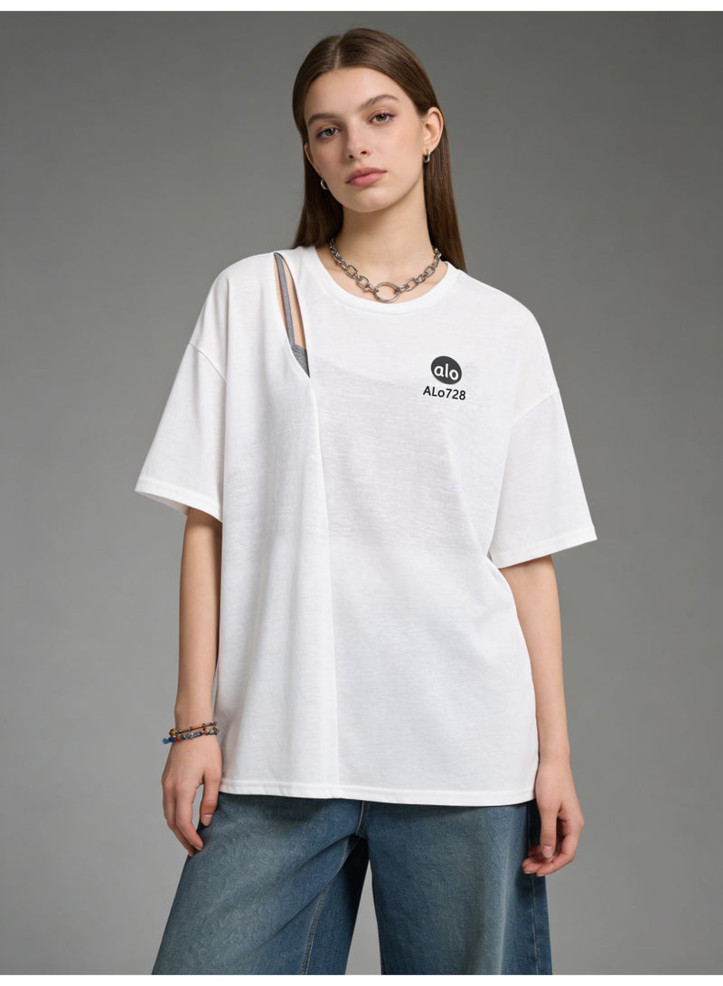 ALo728 White Oversized Cut-Out T-Shirt - Sheer Layered Design Short-Sleeve Tee with Brand Logo for Casual Streetwear - Image 4