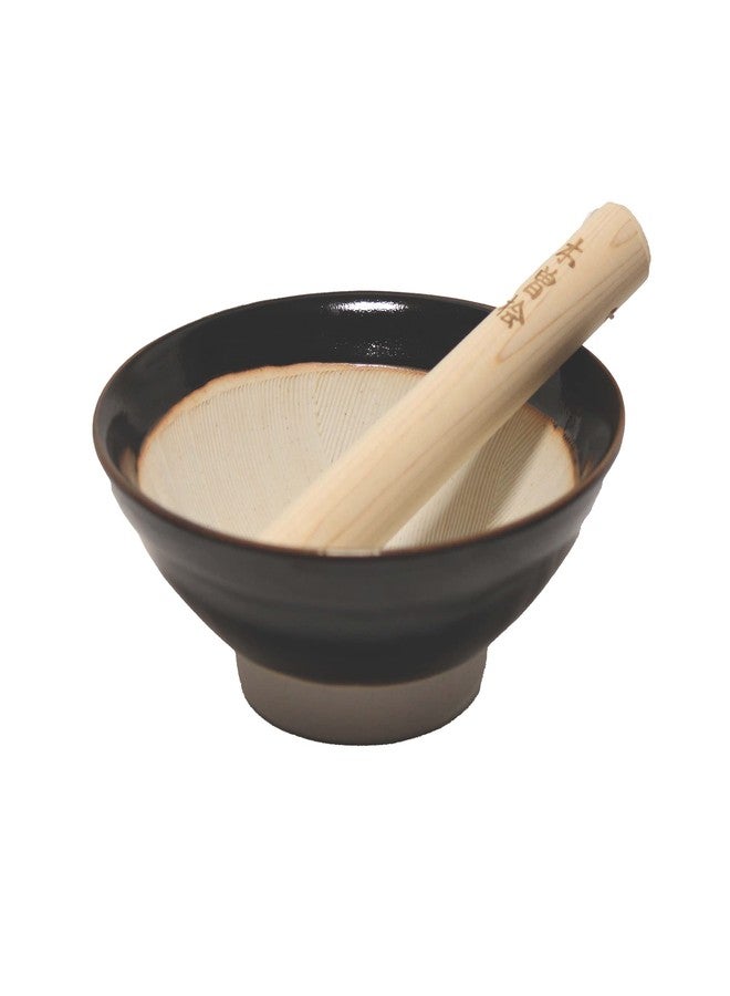 Mino Ware Made in Japan Ripple Ridge Mortar and Pestle Suribachi and Surikogi Set Medium 7.48 Inches Diameter for Both Right and Left Handed Black Authentic Mino Ware Pottery Medium K81713 - Image 1