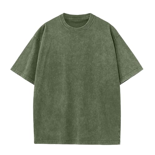 KEEPSHOWING Men's Cotton T-Shirts Oversized Unisex Short Sleeves Casual Loose Wash Solid Basic Tee Tops(ArmyGreen 2XL) - Image 1