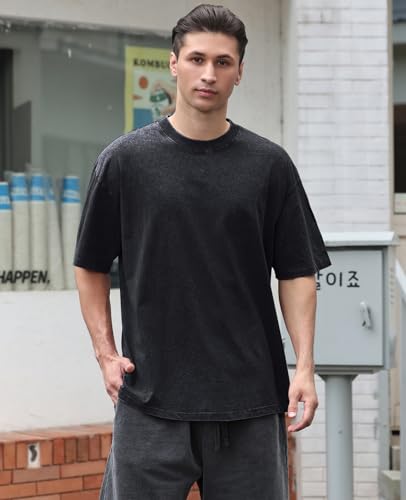 KEEPSHOWING Men's Cotton T-Shirts Oversized Unisex Short Sleeves Casual Loose Wash Solid Basic Tee Tops(ArmyGreen 2XL) - Image 2