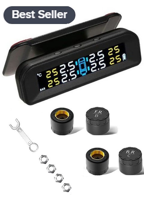 Solar Tire Pressure Monitor, Tyre Pressure Monitoring System 22-87 Psi Mount on Windshield with 4 External Sensors Car Tire Real-time Wireless Auto Alarm System
