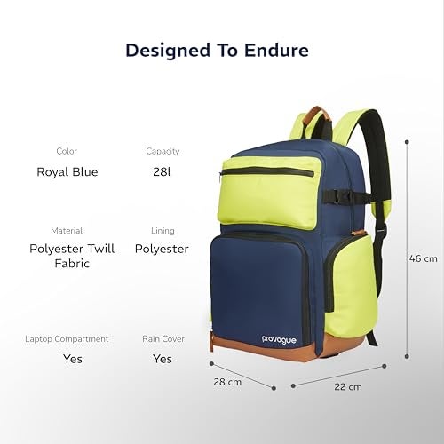 Provogue Zuno 28 litres everyday backpack with 15.6 inch laptop compartment for men and women in Royal Blue, stylish contemporary daily use college, office and outdoor bag | With organiser - Image 5