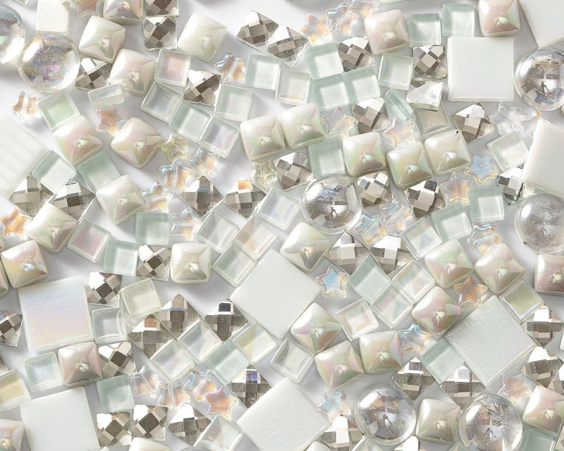 Lanyani Lanyani 430Pcs Iridescent White Glass Mosaic Tiles Variety Styles Mosaic Tiles Pieces Bulk Shimmering Crystal Tile for Glass Crafts and DIY Decorations, 1.2 Pounds Pack  - Image 2