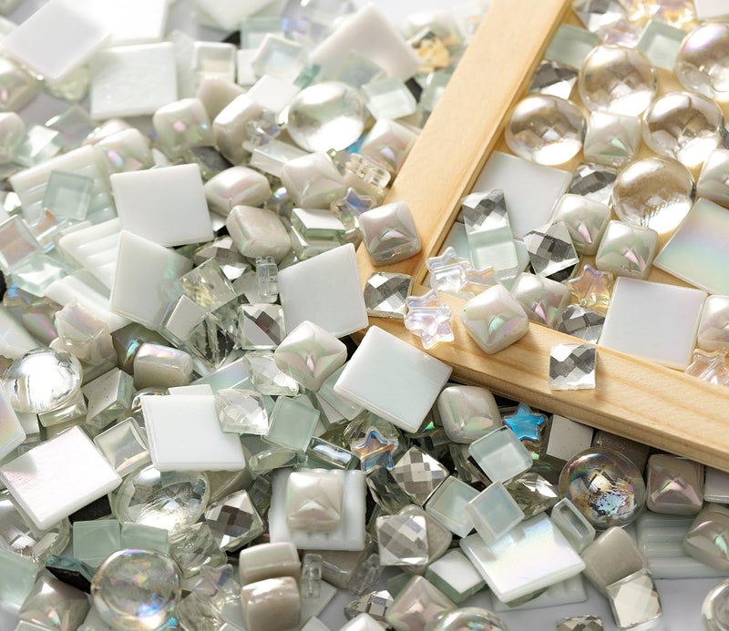 Lanyani Lanyani 430Pcs Iridescent White Glass Mosaic Tiles Variety Styles Mosaic Tiles Pieces Bulk Shimmering Crystal Tile for Glass Crafts and DIY Decorations, 1.2 Pounds Pack  - Image 4