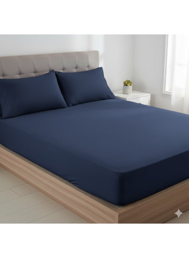 Yarlin-Bed Set (Fitted Bedsheet for 200 cm beds and 2 Small Pillowcases (Dark Blue)