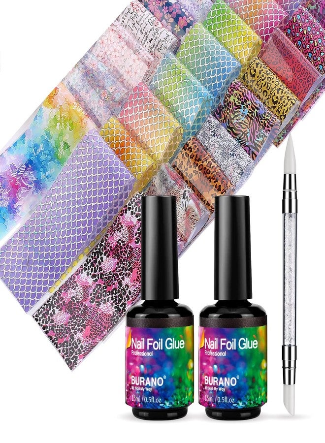 BURANO Nail Foil Glue Gel, with 40PCS Foil Sticker 15ML 2 Bottles Foil Gel, Nail Foils Nail Art Gel Nails Foil with Pen Designer Adhesive Transfer Nails Foil - Image 1