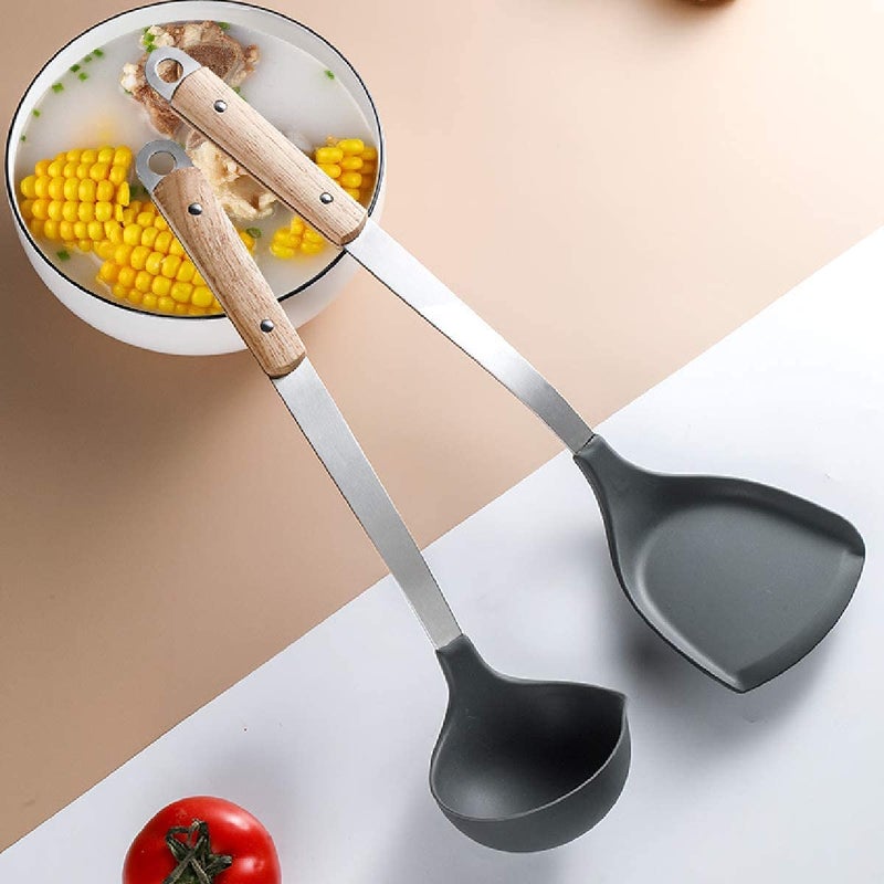 Primetan Primetan Silicone Ladle Spoon Stainless Steel Serving Chamcha with Handle Handmade Nonstick Kitchen Utensils Cookware for Soup BPAFree Heat Resistant Black_Pack of 1 - Image 4