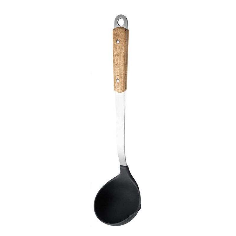 Primetan Primetan Silicone Ladle Spoon Stainless Steel Serving Chamcha with Handle Handmade Nonstick Kitchen Utensils Cookware for Soup BPAFree Heat Resistant Black_Pack of 1 - Image 1