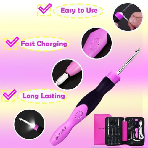 Yarniss 17 Size Lighted Crochet Hooks Set 2.5 mm to 14.0 mm, Metal Rechargeable Light Up Crochet Hooks with Case - Image 5