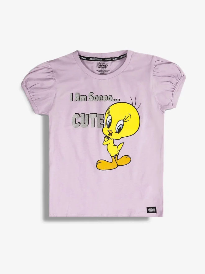 لوني تونز Looney Tunes Kids Purple Cotton Tweety Graphic T-Shirt