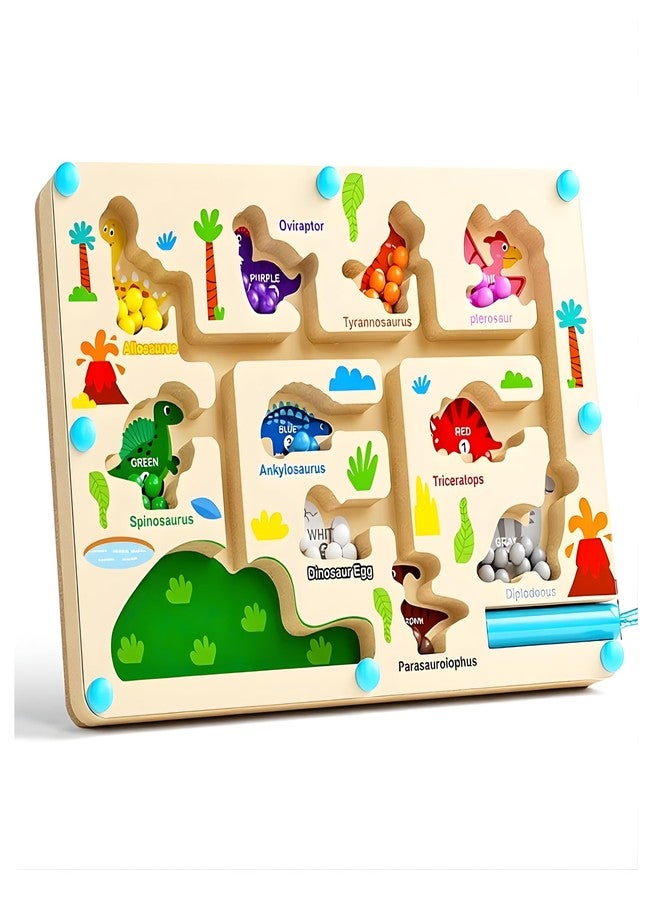 JOUET Dinosaur Themed Wooden Magnetic Maze Toy, Color Sorting & Counting Board with Beads and Wand for Toddlers 3-5 Years - Image 1