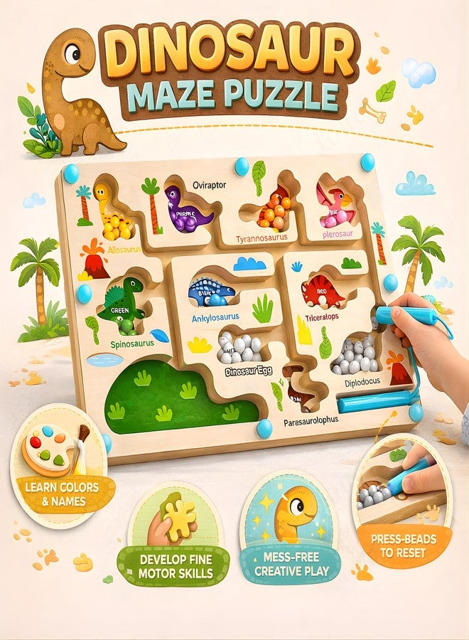 JOUET Dinosaur Themed Wooden Magnetic Maze Toy, Color Sorting & Counting Board with Beads and Wand for Toddlers 3-5 Years - Image 2