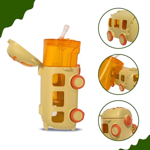 IKTU Bus Water Bottle for Kids With Strap, Sipper & Straw (500ml) | Leakproof, BPA Free With Lock | Cute Bus Shaped Tritan Bottle For Girls & Boys (Yellow) - Image 3
