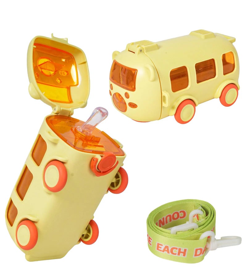IKTU Bus Water Bottle for Kids With Strap, Sipper & Straw (500ml) | Leakproof, BPA Free With Lock | Cute Bus Shaped Tritan Bottle For Girls & Boys (Yellow) - Image 2