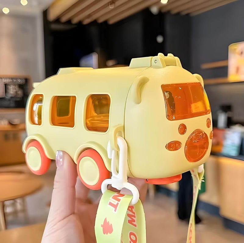 IKTU Bus Water Bottle for Kids With Strap, Sipper & Straw (500ml) | Leakproof, BPA Free With Lock | Cute Bus Shaped Tritan Bottle For Girls & Boys (Yellow) - Image 1