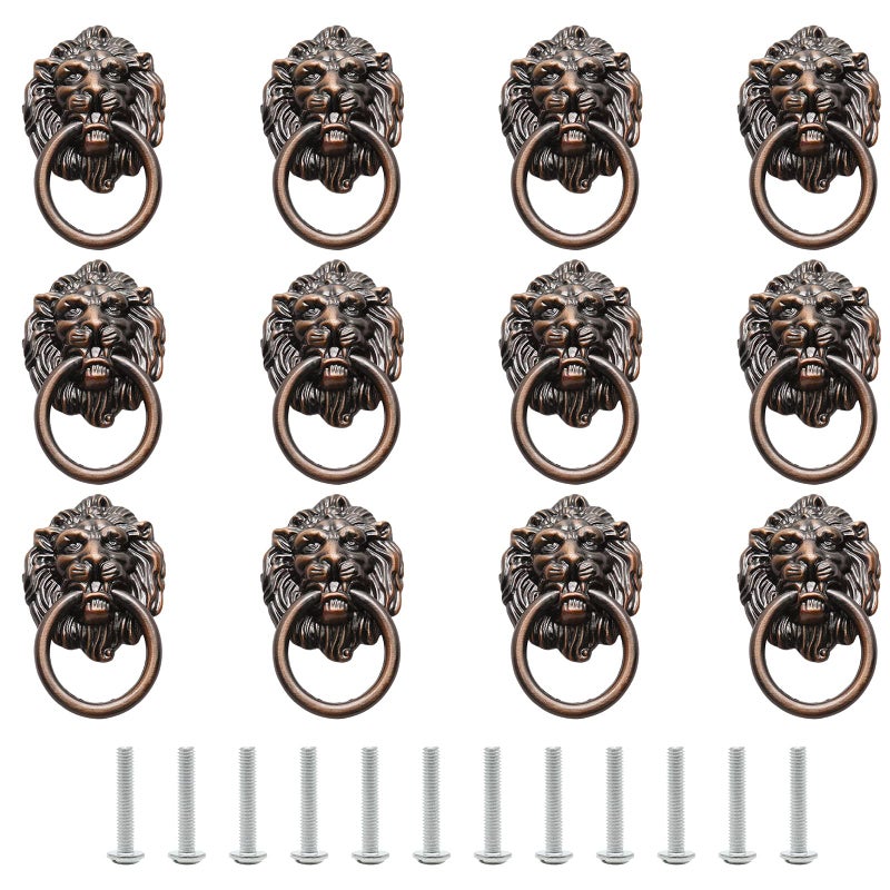 Murtenze 12 Pieces Antique Lion Head Cabinet Knobs Ring Pulls Handle for Drawer Dresser Wardrobe Kitchen Cupboard Closet Drawer Pulls Copper Tone - Image 2