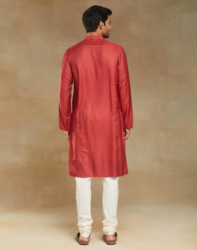 Fabindia  Red Viscose Blend Dobby Slim Fit Long Kurta for Men | Best Price UAE
