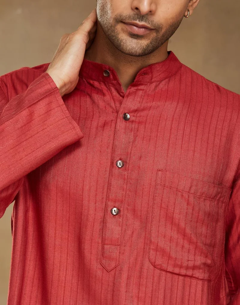 Fabindia  Red Viscose Blend Dobby Slim Fit Long Kurta for Men | Best Price UAE
