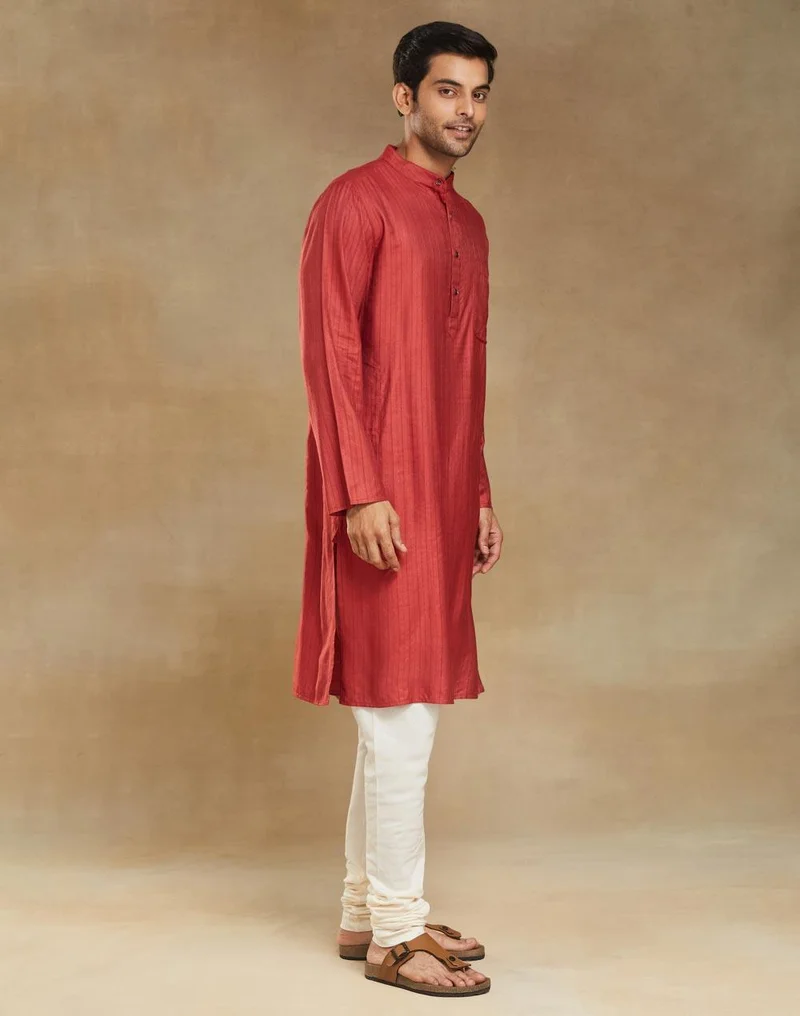 Fabindia  Red Viscose Blend Dobby Slim Fit Long Kurta for Men | Best Price UAE