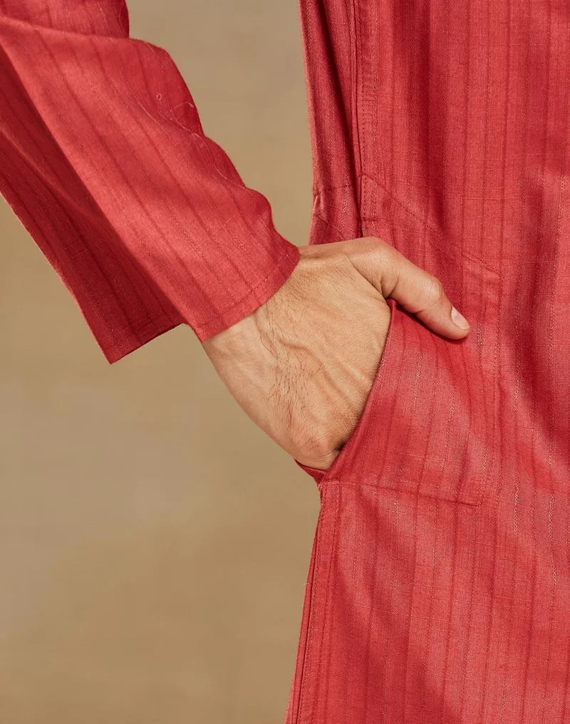 Fabindia  Red Viscose Blend Dobby Slim Fit Long Kurta for Men | Best Price UAE