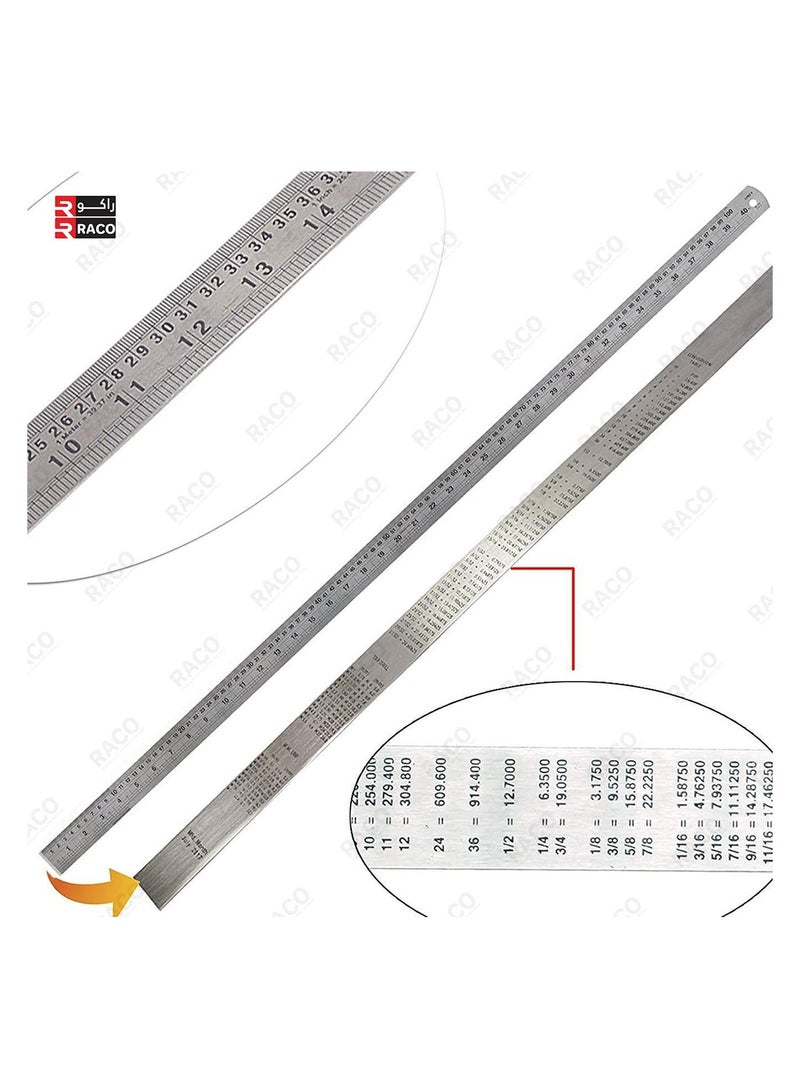 RACO مسطرة ريكو أوكن من الفولاذ المقاوم للصدأ | مقياس SS ثقيل مع جدول تحويل للمدرسة، المكتب، المنزل، المعماريين، المهندسين، ومواد الحرف (40 بوصة، 100 سم، 1 متر) - Image 2
