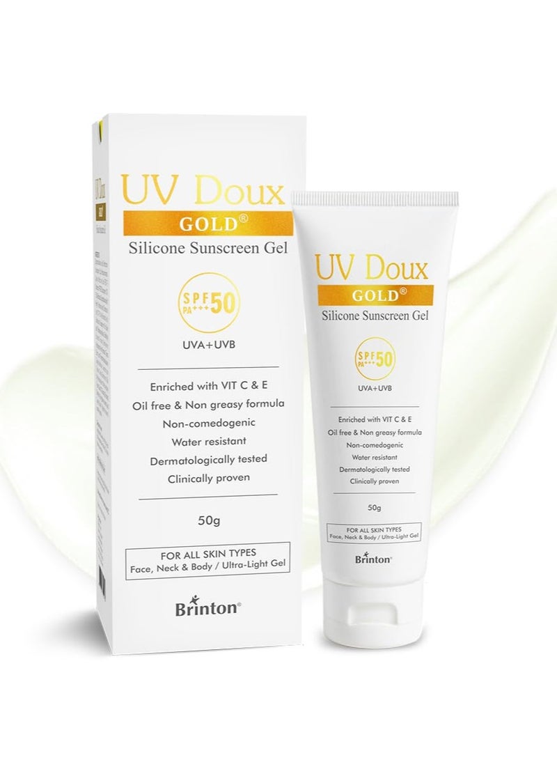 Brinton UV Doux Gold Silicone Sunscreen Gel SPF 50 PA+++ | Enriched with Vitamin C & E | UVA/UVB With Broad Spectrum Protection | Anti-Aging & Anti-Oxidant rich Water Resistant Ultra Light Gel for Hyperpigmentation | Benzene Free | 50 g - Image 1