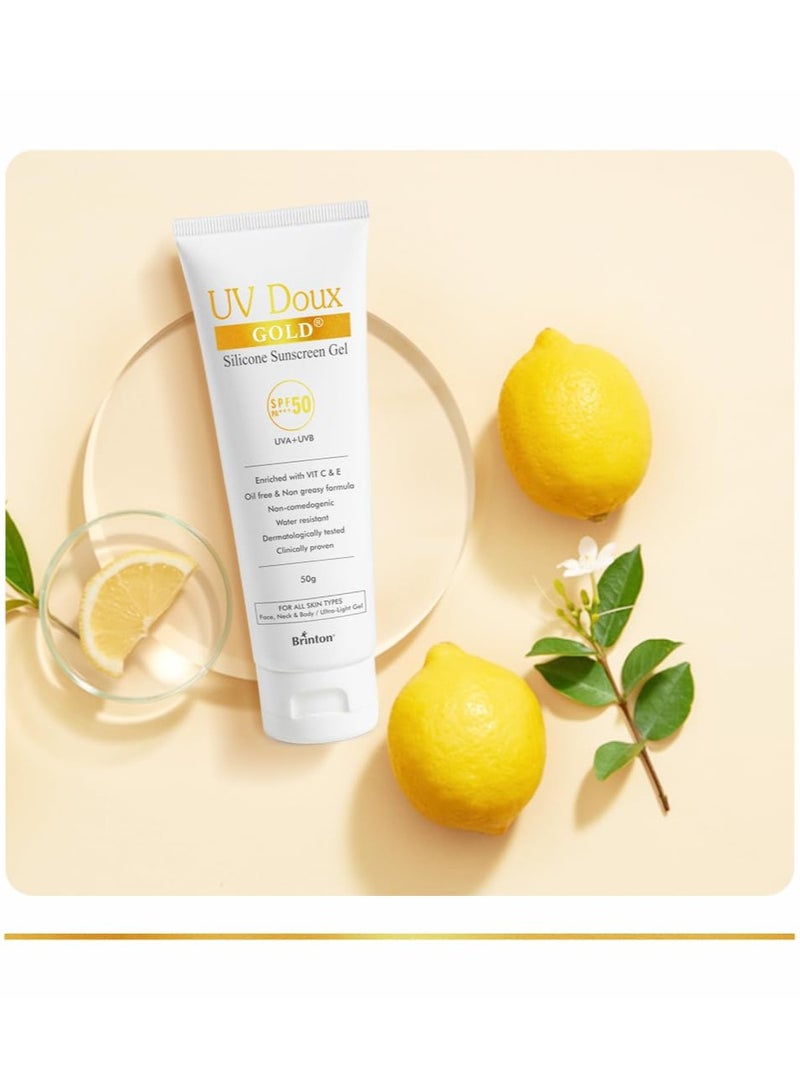 Brinton UV Doux Gold Silicone Sunscreen Gel SPF 50 PA+++ | Enriched with Vitamin C & E | UVA/UVB With Broad Spectrum Protection | Anti-Aging & Anti-Oxidant rich Water Resistant Ultra Light Gel for Hyperpigmentation | Benzene Free | 50 g - Image 5