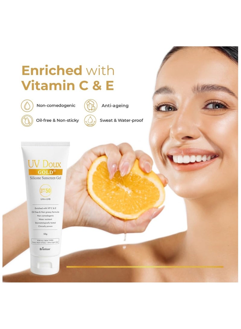 Brinton UV Doux Gold Silicone Sunscreen Gel SPF 50 PA+++ | Enriched with Vitamin C & E | UVA/UVB With Broad Spectrum Protection | Anti-Aging & Anti-Oxidant rich Water Resistant Ultra Light Gel for Hyperpigmentation | Benzene Free | 50 g - Image 2