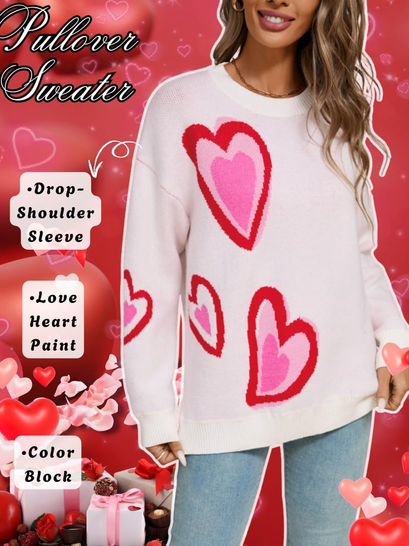 ShawGobow Heart Sweater,Cute Patterned Oversized Sweaters for Women,Valentines Day Crewneck Tops White Small - Image 2
