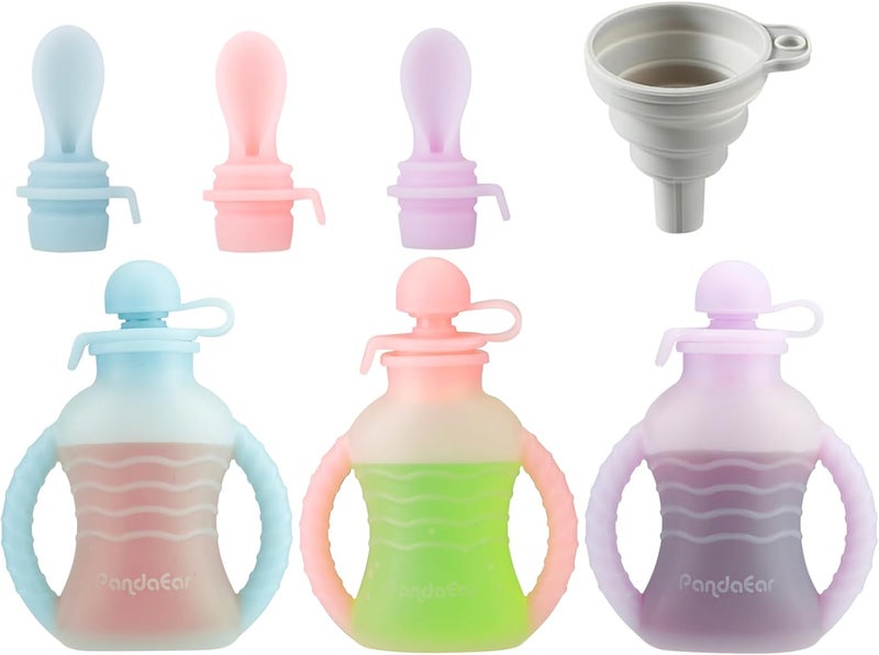 PandaEar 3 Pack Reusable Silicone Baby Food Pouches with 3 Puree Feeder Spoons & Funnel | 4oz Toddler Food Storage Pouch with Handle | BPA-Free Baby Squeeze Pouches for Homemade Purees - Image 1