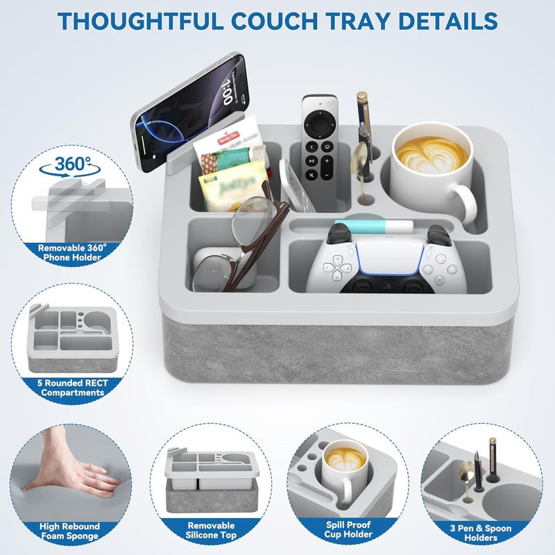 CLESOO Couch Cup Holder Tray Silicone Couch Cup Holder Pillow Foam Bed Tray Snack Sofa Bed Caddy Organizer Beach Sofa Drink Holder Spill Proof Snack Caddy Removable Sofa Buddy Game Controller Kindle Phone - Image 2