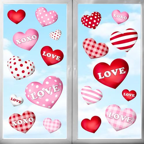 Bunny Chorus Valentines Day Decorations Window Clings: 8 Sheets Large 3D Red Pink White Heart Valentine Window Clings, Embossed Love XOXO Plaid Heart Decals for Kids Home Office Classroom Wedding Birthday Party - Image 1