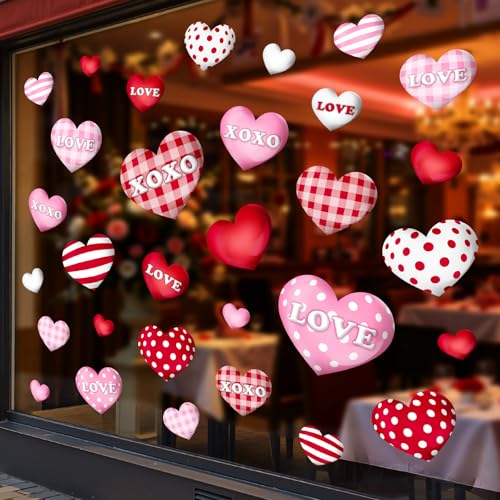 Bunny Chorus Valentines Day Decorations Window Clings: 8 Sheets Large 3D Red Pink White Heart Valentine Window Clings, Embossed Love XOXO Plaid Heart Decals for Kids Home Office Classroom Wedding Birthday Party - Image 5