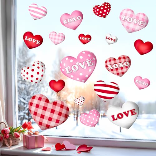 Bunny Chorus Valentines Day Decorations Window Clings: 8 Sheets Large 3D Red Pink White Heart Valentine Window Clings, Embossed Love XOXO Plaid Heart Decals for Kids Home Office Classroom Wedding Birthday Party - Image 4