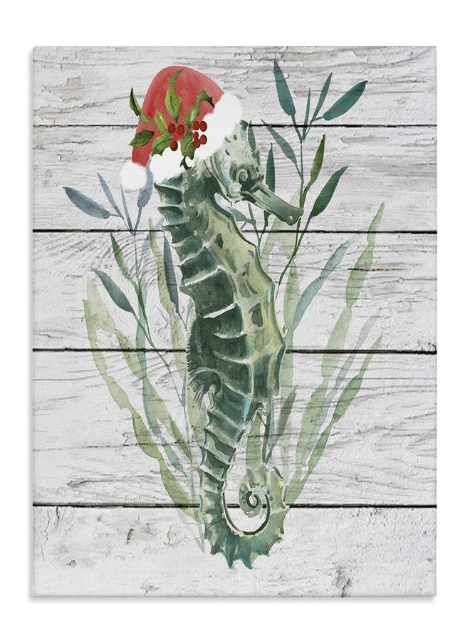 Stupell Industries Nautical Christmas Ocean Sea Horse Santa Hat Canvas Wall Art, 17 x 17, Off- White - Image 1