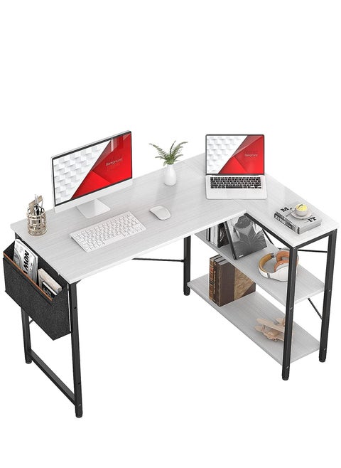 L-Shaped Corner Desk with Reversible Storage Shelves for Home Office Workstation, Writing Desk Table with Storage Bag White