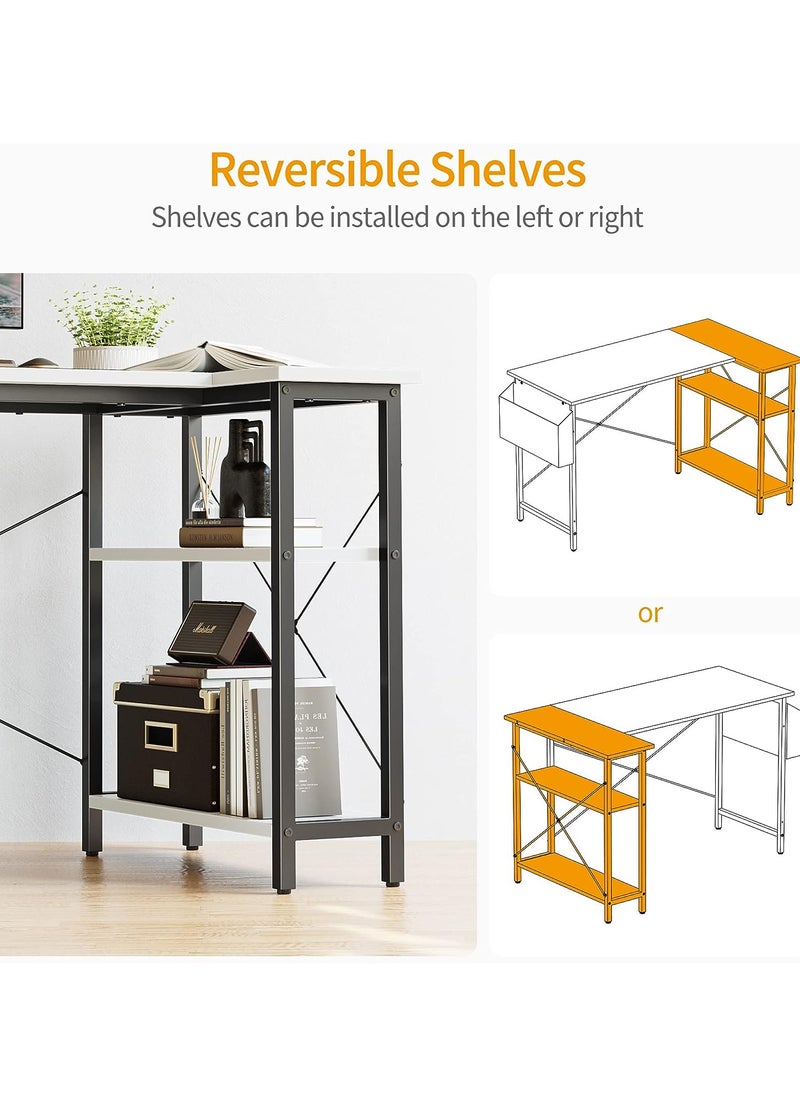 L-Shaped Corner Desk with Reversible Storage Shelves for Home Office Workstation, Writing Desk Table with Storage Bag White