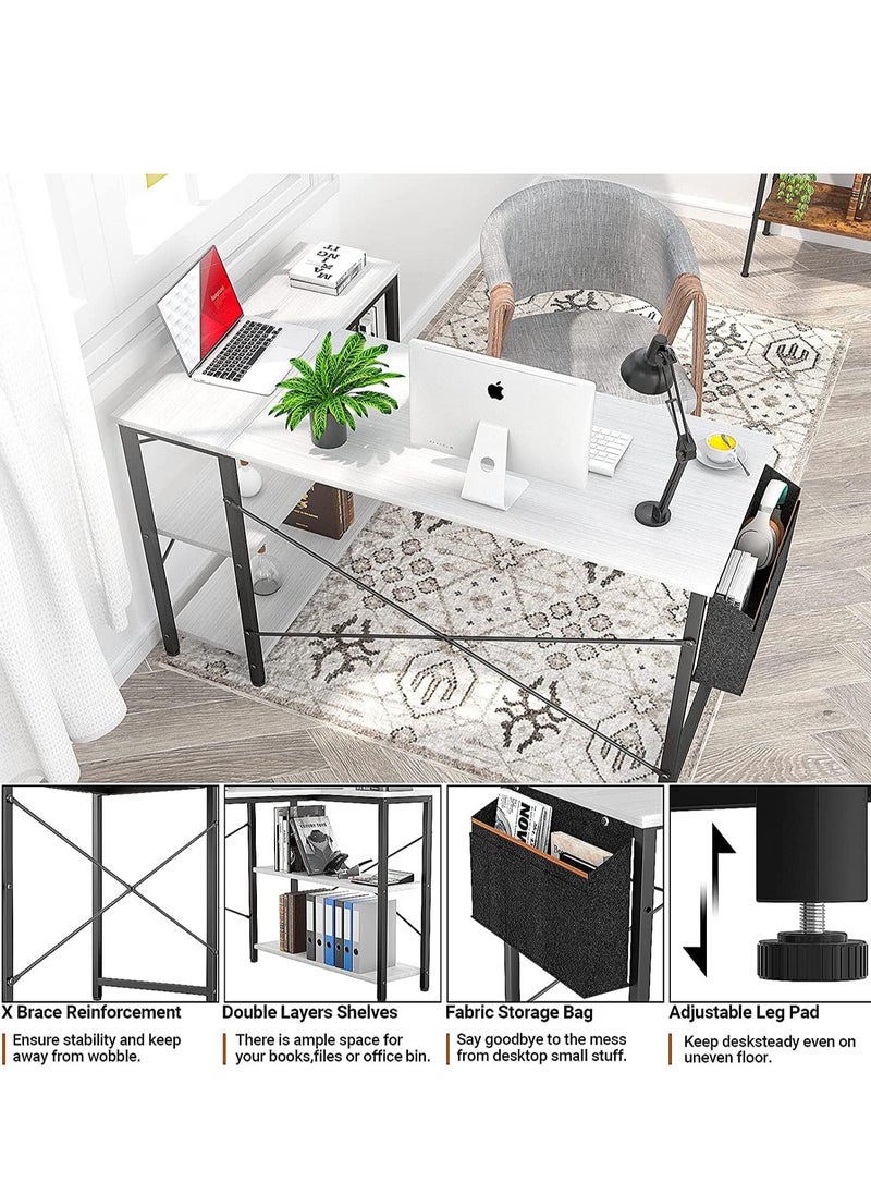 L-Shaped Corner Desk with Reversible Storage Shelves for Home Office Workstation, Writing Desk Table with Storage Bag White