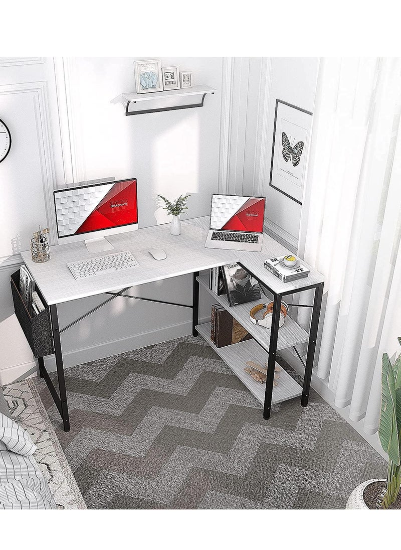 L-Shaped Corner Desk with Reversible Storage Shelves for Home Office Workstation, Writing Desk Table with Storage Bag White