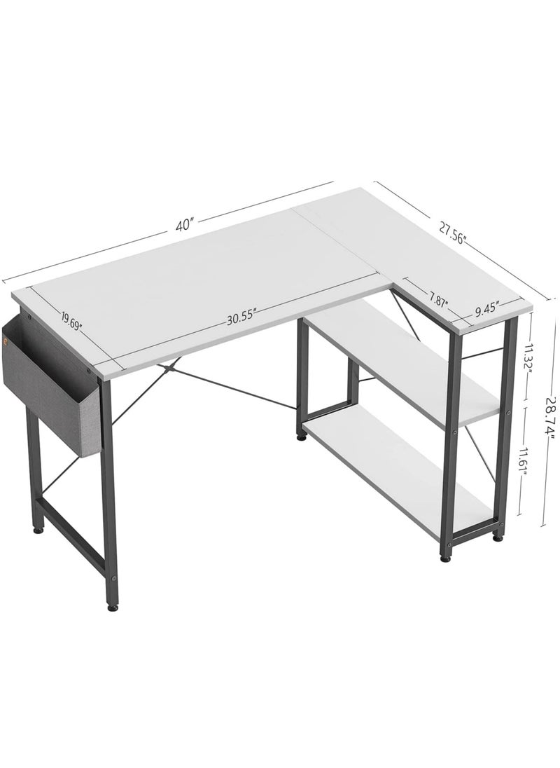 L-Shaped Corner Desk with Reversible Storage Shelves for Home Office Workstation, Writing Desk Table with Storage Bag White