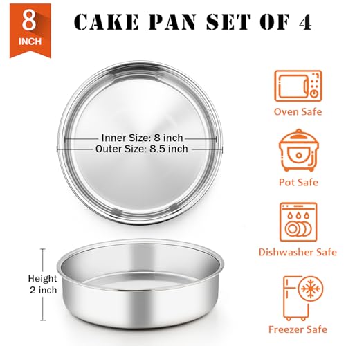 P&P CHEF Cake Pan Set of 4, Stainless Steel Baking Round Cake Pans Tins Bakeware for Birthday Wedding, Leak-proof & Easy Clean, Mirror Finish & Easy Releasing, 8 Inch - Image 2