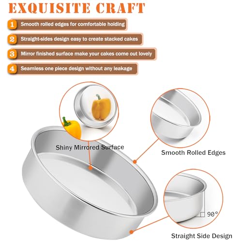 P&P CHEF Cake Pan Set of 4, Stainless Steel Baking Round Cake Pans Tins Bakeware for Birthday Wedding, Leak-proof & Easy Clean, Mirror Finish & Easy Releasing, 8 Inch - Image 3